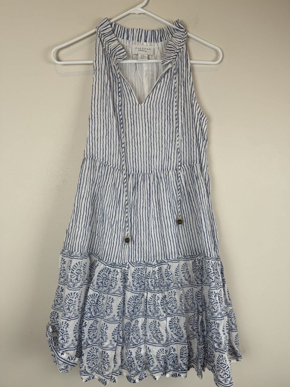 Calypso St Barth Sleeveless Dress XS Blue White Floral Tiered Cotton Boho Beachy